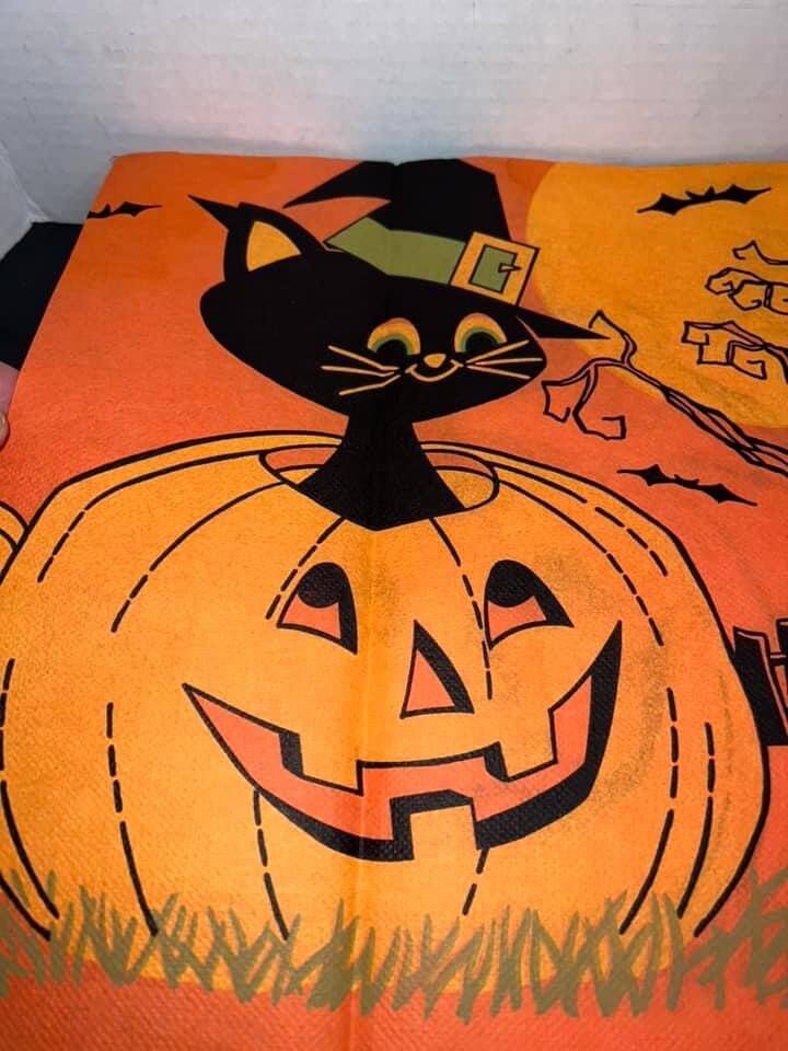 Vintage Halloween 1960s 8 panels from a crepe table cloth Witch cat & pumpkin