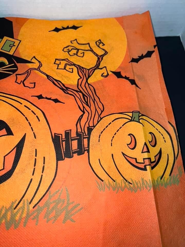 Vintage Halloween 1960s 8 panels from a crepe table cloth Witch cat & pumpkin