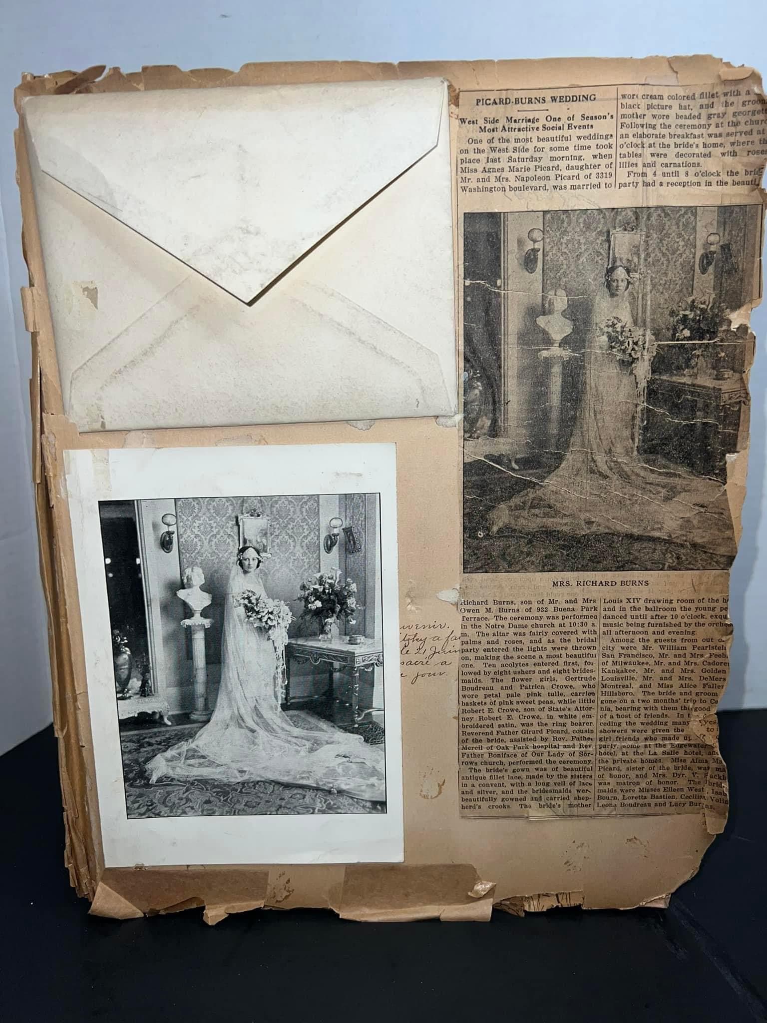 Antique 1900s scrapbook pages For an elite wedding of — Agnes Marie & Richard Owen burns handwritten letters invitations