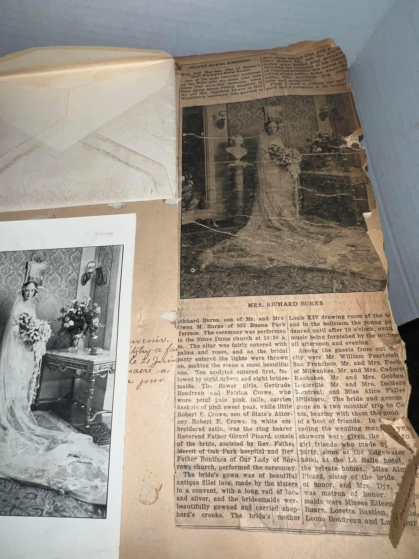 Antique 1900s scrapbook pages For an elite wedding of — Agnes Marie & Richard Owen burns handwritten letters invitations