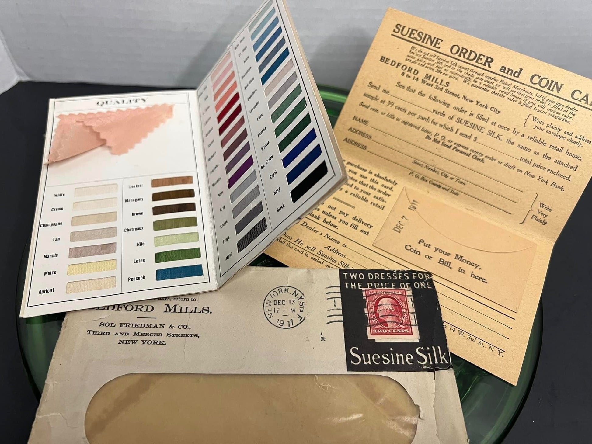 Antique advertising 1911 Small fabric sample advertising mailer Suesine silk - Bedford mills New York