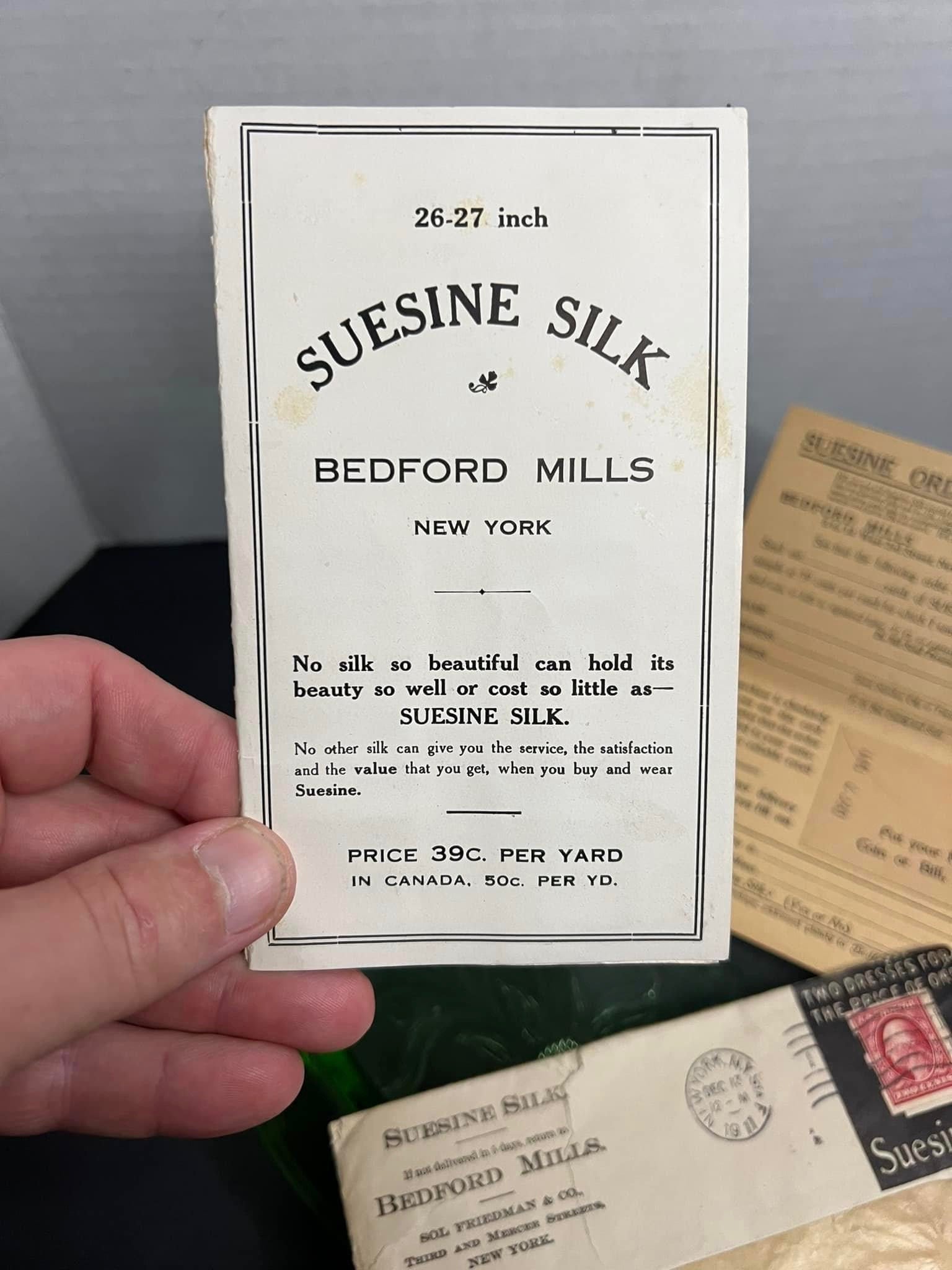 Antique advertising 1911 Small fabric sample advertising mailer Suesine silk - Bedford mills New York