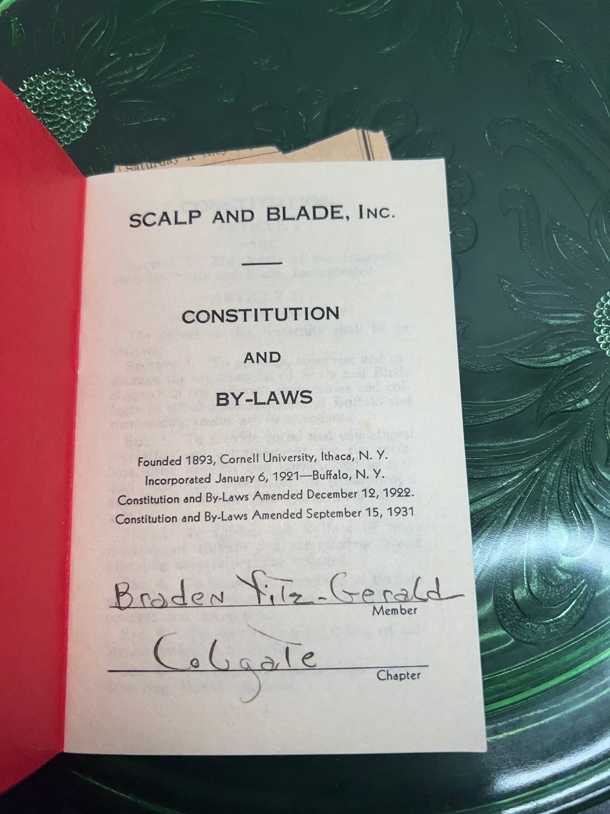 Vintage fraternal scalp & blade Cornell university ithaca New York fraternity 1931 by laws booklet