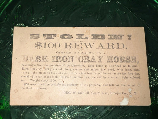 Antique advertising 1877 postal card 100 dollars reward stole horse broome county New York 1877