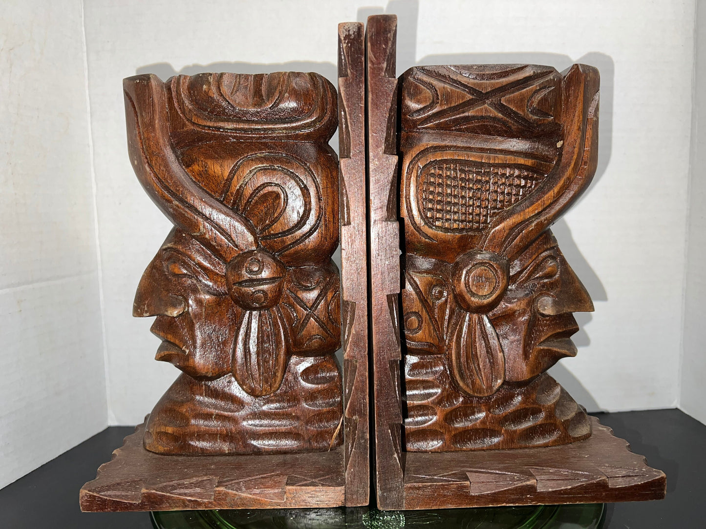 Vintage wooden bookends myan gods southwestern faces 1960-1970