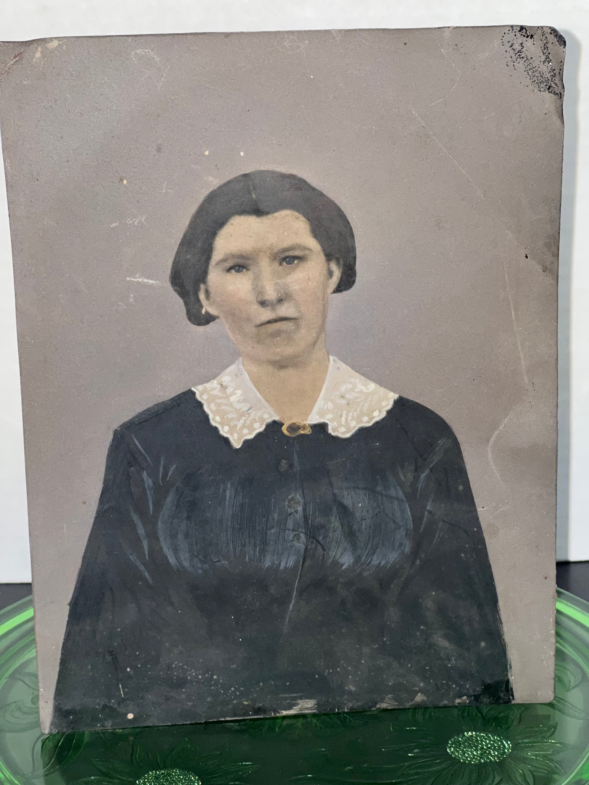 Antique Victorian tintype photo full plate woman hand painted folk art 1870s