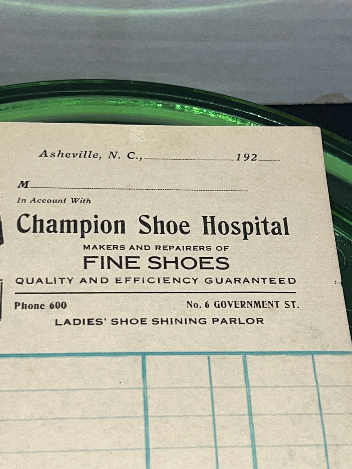 Antique Art deco adverting billhead champion shoe hospital Asheville North Carolina 1920s