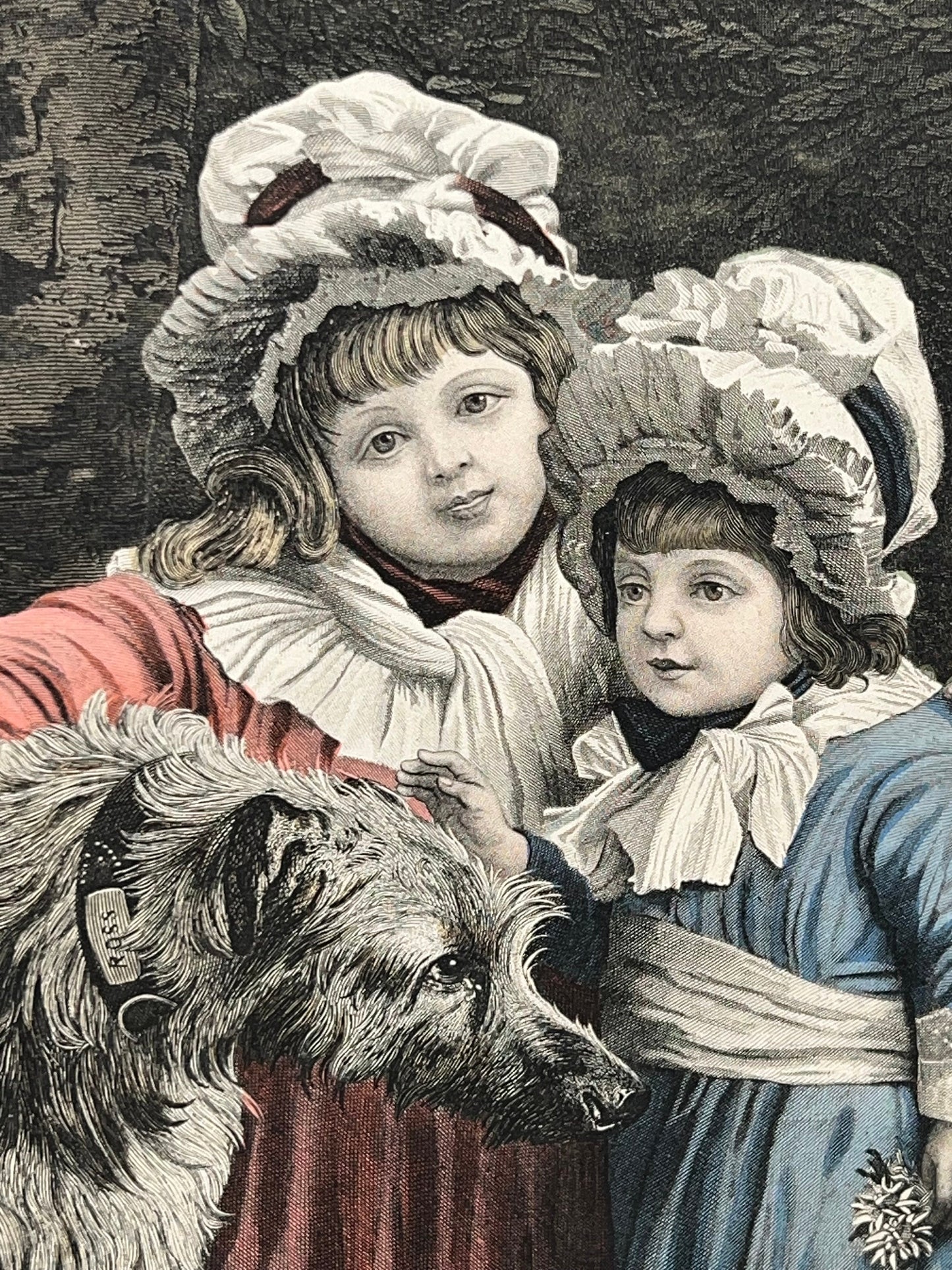 Antique Victorian steel engraving the three friends little girls & dog hand colored