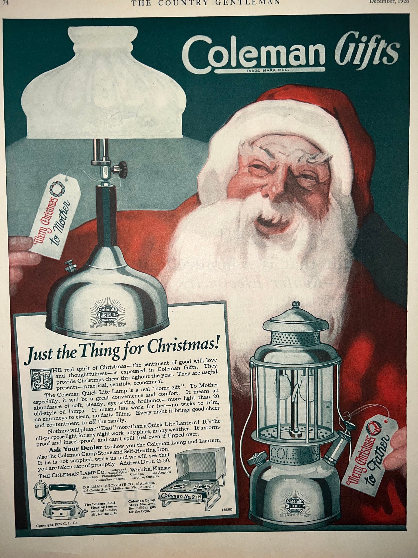 Antique Art deco era advertising Colman lanterns 1926 Christmas print ad Santa vintage Christmas