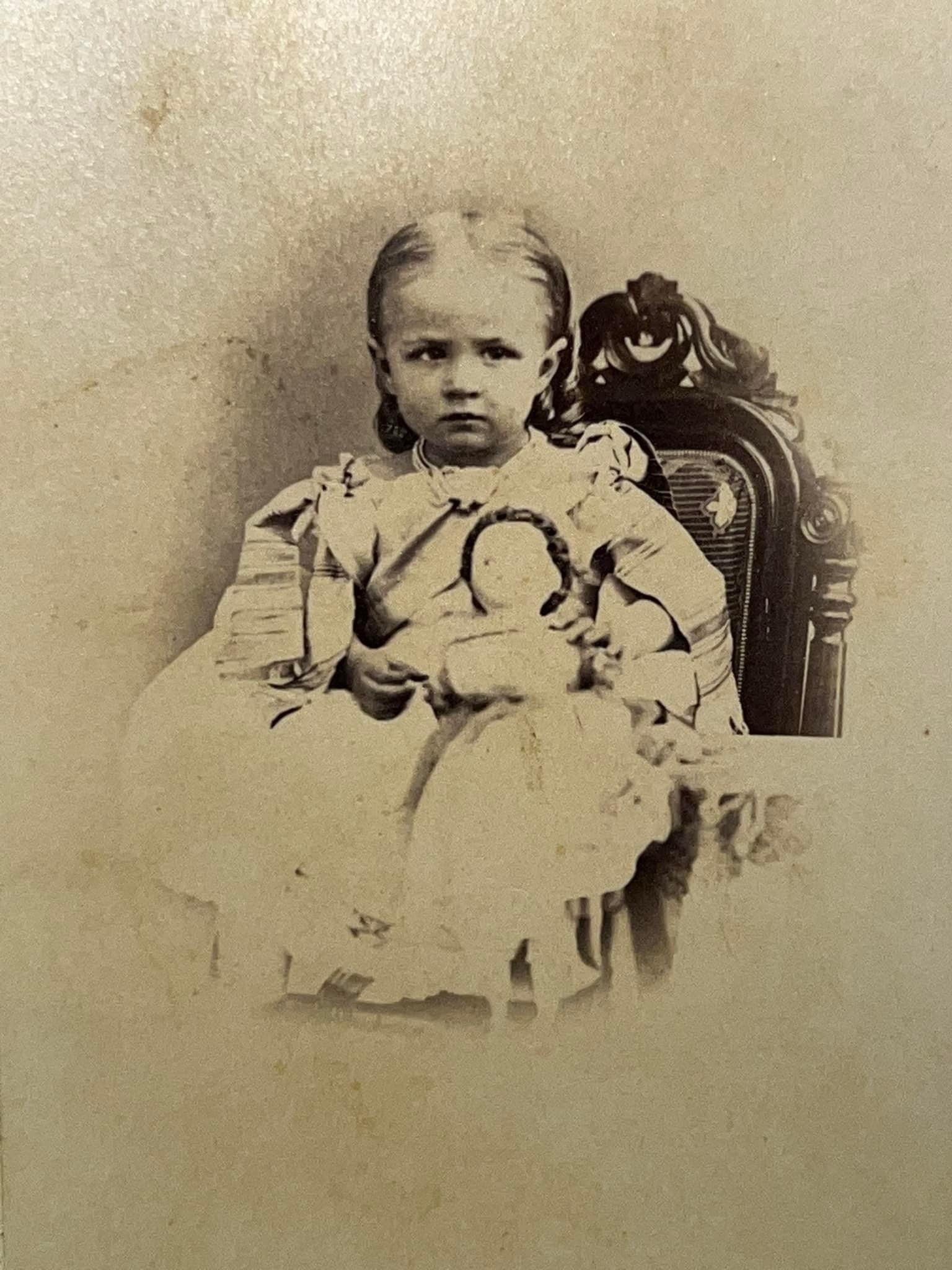 Antique civil war era cdv photo little girl & bisque doll Watkins New York 1860s tax stamp