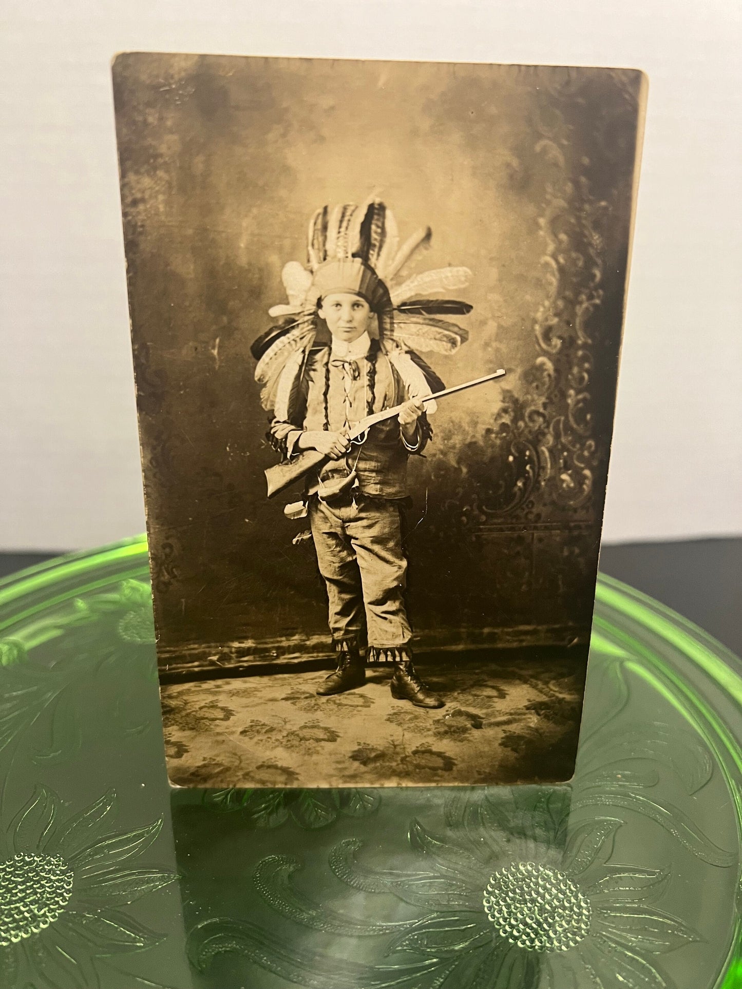 Antique real photo postcard rppc little boy Native American costume 1900s