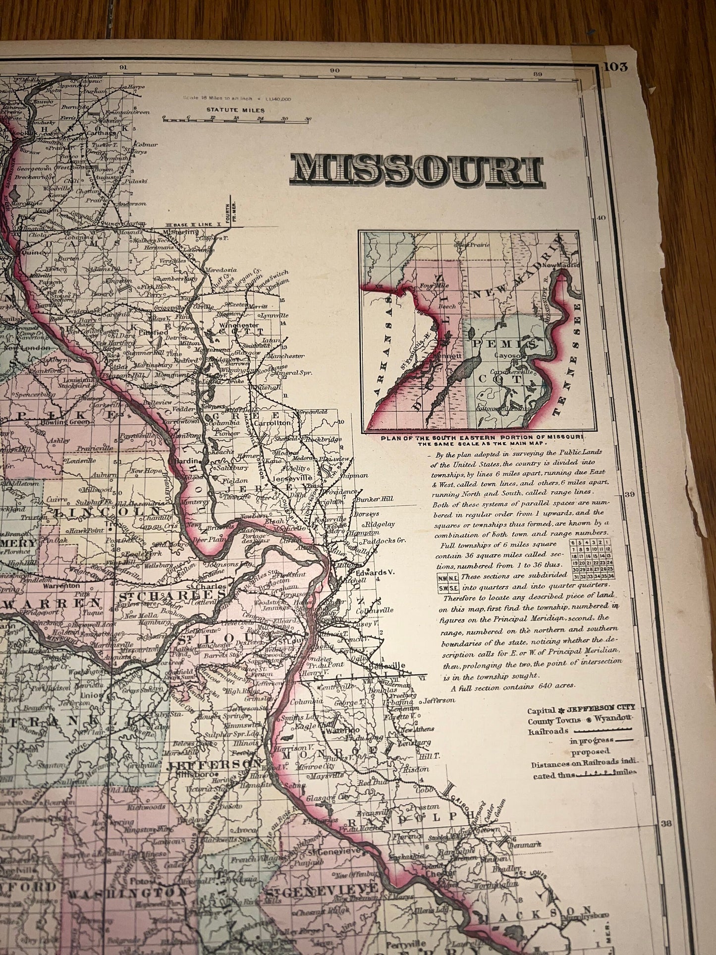 Antique map Missouri 1860-1870 wall map original history 17 x 26