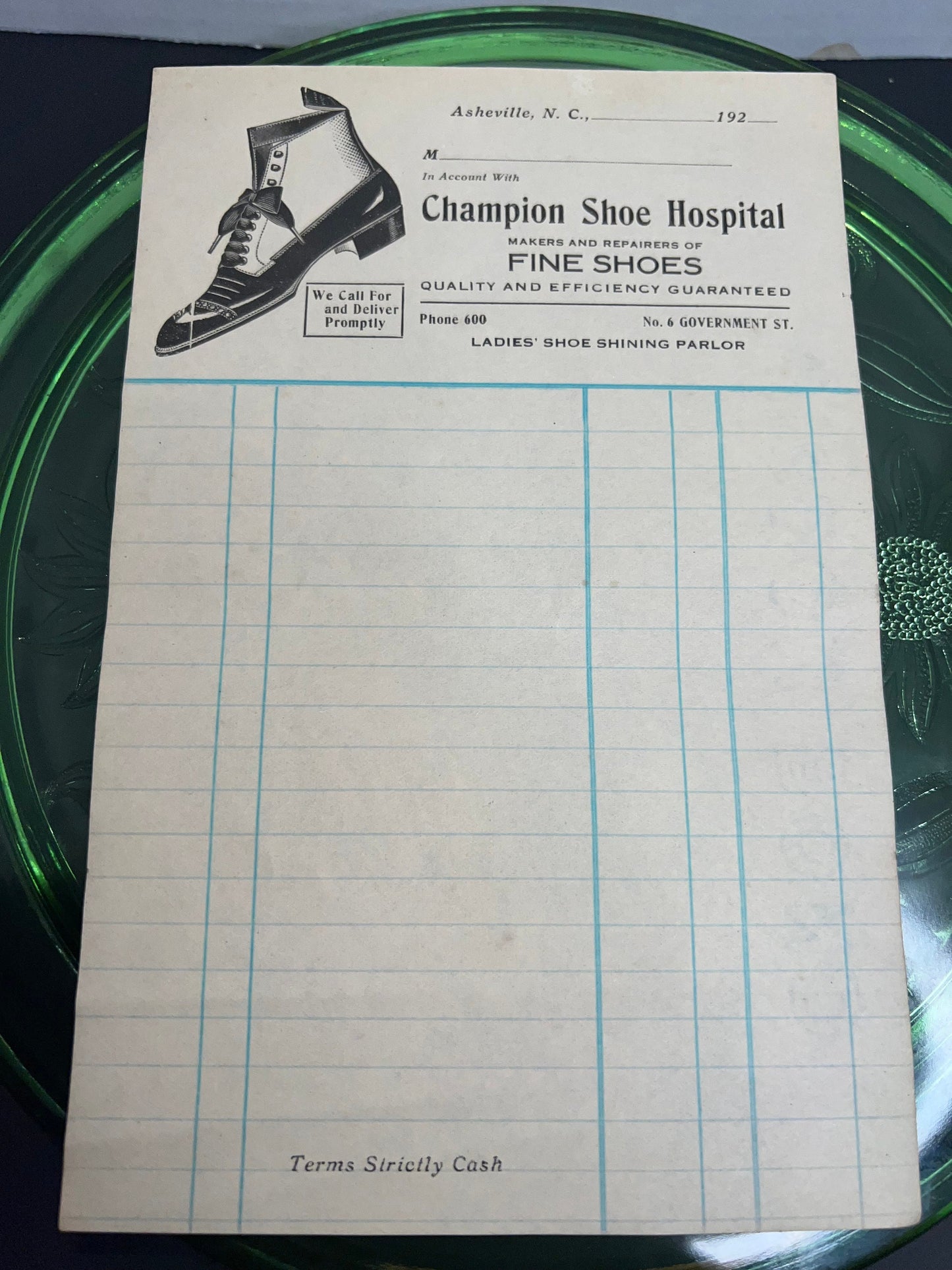 Antique Art deco adverting billhead champion shoe hospital Asheville North Carolina 1920s
